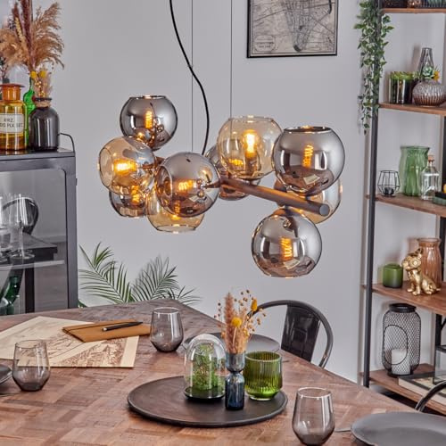 HOFSTEIN Pendelleuchte Gastor, 10-flammige Hängelampe aus Metall/Glas in Schwarz/Chrom-/Rauch-/Bernsteinfarben im Retro/Vintage-Design m. Glasschirmen, max. 146cm, E14, Esszimmer, Wohnzimmer, Küche