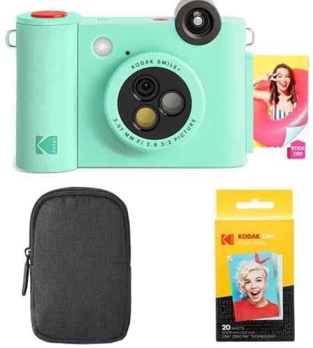 KODAK Smile+ 2-in-1 Digital Instant Camera & Photo Printer Starter Bundle - Case + Zink 20pk Paper - 10MP, Rotating Lens - Green