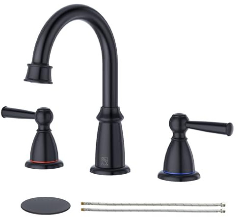 CREA Schwarzer Badezimmer-Wasserhahn, 3 Löcher, 2 Griffe, 20,3 cm, breite Badezimmer-Armaturen mit Abfluss für Waschbeckenüberlauf, 3 Stück, mattschwarzer Wasserhahn für Badezimmer, Waschtisch,