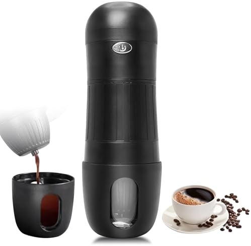 Eznaobo ﻿ Tragbare Kaffeemaschine für Reise,tragbare elektrische Espressomaschine, Camping-Kaffeemaschine,2 Minuten Schnelles Erhitzen, kompatibel mit K-Cup-Kapseln und gemahlenem (schwarz)