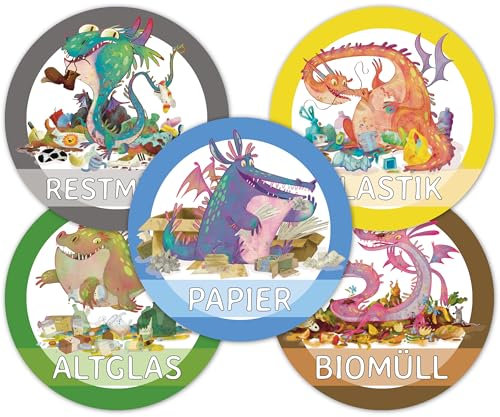 PICTALOO Mülltonnenaufkleber Drachen, 10er Set witzige Aufkleber Mülltrennung, Abfalltrennung für Kinder nach Biomüll, Papier, Plastik, Rest Müll & Glas, Mülltrennungssystem Mülleimer, Müllaufkleber