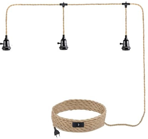 JZCDR Hanfseil Pendelleuchte mit Stecker 3-Flammig Vintage Hängelampe Lampenkabel mit Schalter Lampenfassung E27 mit Kabel 8,5M DIY Pendellampe Industrial für Esstisch Schlafzimmer, Ohne Glühbirne