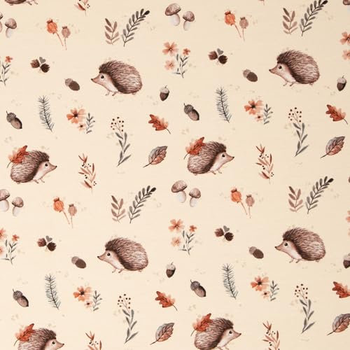 Jersey Stoff Igel mit Blätter Beige Kinderstoff Oeko-Tex 0,5m x 1,50m Meterware Stoff für Kinderkleidung und Accessoires