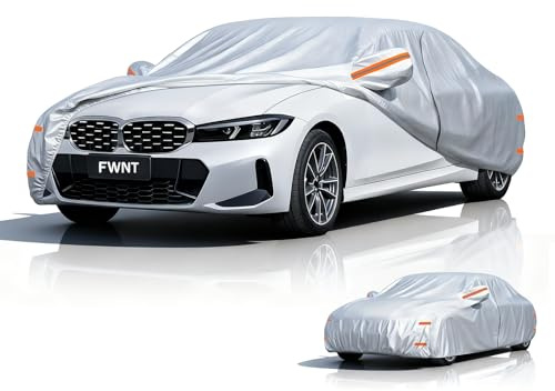FWNT Housse de Protection Voiture 4 Saisons - Bâche Extérieur Étanche, Respirante et Protection Solaire avec Zip et Doublure en Coton pour Berline et Citadine (Jusqu'à 450 cm) - Argenté