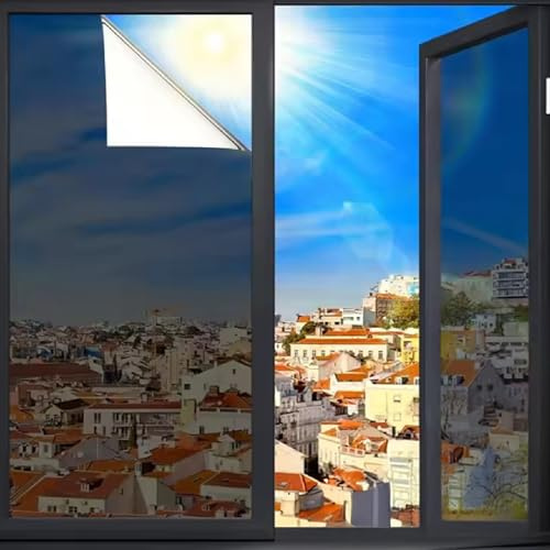 Avoid Fensterfolie Silber Schwarz – Statische Spiegelfolie für Fenster – Sichtschutz & Sonnenschutz – Fensterfolie selbsthaftend – UV- & Hitzeschutz inkl. Rakel, Messer & Pflanzensprüher (90x300 cm)