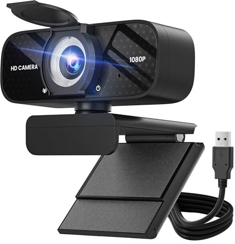 TRAUSI Webcam HD 1080P con microfono, cancellazione del rumore, copertura della privacy, obiettivo grandangolare, correzione automatica della luce, webcam USB Plug & Play per laptop, desktop, PC, Mac
