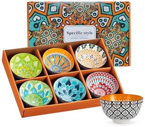 Tapas Bowl Set of 6 - 10oz/300ml Ceramic Pasta/Nibble/Dipping Bowls - 4.72In Bohemian Serving Bowls for Salad/Cereal/Rice/Soup/Desserts/Snacks/Fruit/Sushi - Decorative Kitchen Tableware Small Bowls