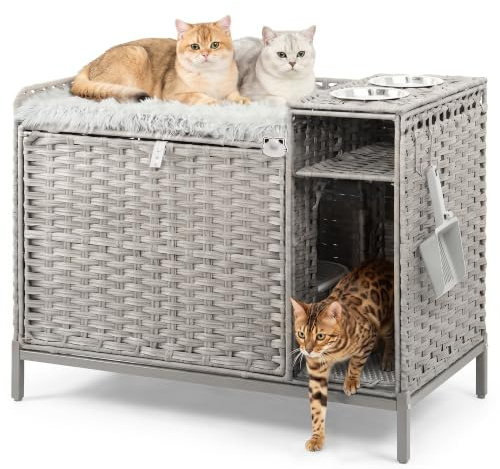 XXL Verstecktes Katzenklo Schrank Möbel mit Plüschkissen, 90x50x65cm Handgewebtes Rattan Katzenhaus, Stabil mit Metallgestell, Saugroboter-freundlich, Katzenschrank für Große Katzen & Deko Wohnzimmer