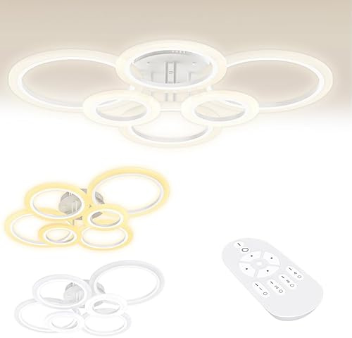 AufuN LED Deckenleuchte, 96W Wohnzimmerlampe mit Fernbedienung, 6-Ring Modern Dimmbar Deckenlampe für Arbeitszimme, Schlafzimmer, Küche, Flur, Balkon, Esszimmer, Farbwechsel 2800-7000K