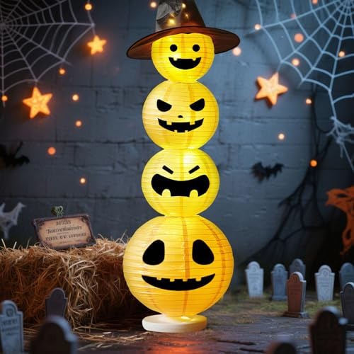 Halloween Kürbis Deko Garten Außenlaternen Kürbisfigur mit LED Leuchtende,Geist Hexe Kürbis Lampion Lichter mit 2 Modi Kürbislaterne,Halloween Deko Beleuchtung Gesicht für Party Dekofigur (04)