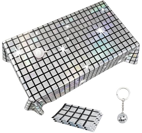 Disco Tischläufer Silber Glitzer 3er Set – 80er Jahre Deko für Party, Disco und Hochzeit – Glitzernde Tischdecke mit Silber Disco Kugel Schlüsselanhänger für Geburtstagsfeier und Tanzparty