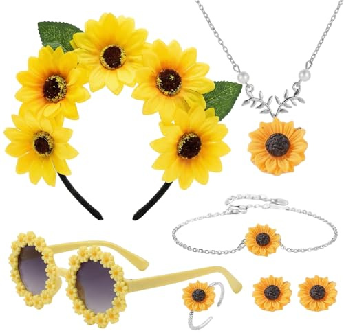 Xgvzs 7 Stück Sonnenblumen Schmuck Accessoires Set Sonnenblumen Kostüm Damen Haarreif mit Sonnenblumen Halskette Ohrringe Blumen Haarband Party Zubehör für Frauen und Mädchen
