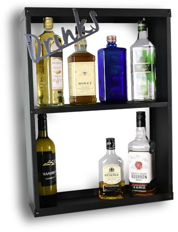 Okunaii Black Free Standing Drinks and Alcohol Shelf – Steel Spirit Bottle Storage Rack for Home Bars, Kitchens, Dining Rooms and Party Setups – Two Tier Liquor Display with Wall Mount Option – UK Mad
