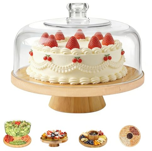 CheurYae Wood Cake Stand with Glass Dome,6-in-1 Multi-Function - Large Serving Platter,Flat Cake Display Stand for Birthday, Wedding, Party, Café