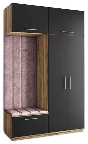 Masseno Flugarderoben Set Rema, Kleiderschrank-Set mit Sitzbank, Garderobenschrank Flur mit 5 Regalböden, Eiche Wotan/Schwarz