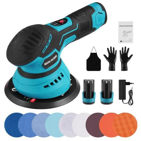 Cordless car Polisher,Dual Action car Polisher with 12V 150mm Brushless, 8-Speed 2800-5500RPM, 2.3lbs LCD Display, 2 Batteries & Charger Kit for Detailing, Boat, Floor, Furniture (Blue-Gen1)