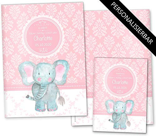 OLGS U-Heft- und Impfpasshülle Set | Rosa Little Lady | Untersuchungsheft Hülle, Schutzhülle niedliche Geschenkidee personalisierbar mit Namen (U-Heft Set personalisiert, Elefant)