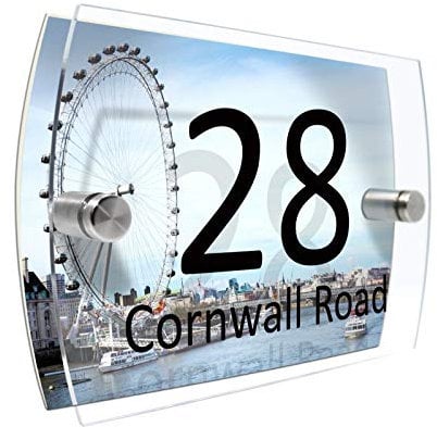 Personalised House Number Sign and ANY Photo Printed Plaque Garden Glass Effect Acrylic Sign Door Plate Marble Wall Display 2 Part Branded Acrylic (Grungy UK flag)