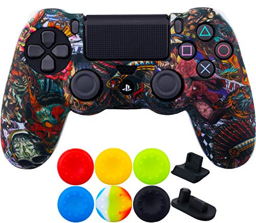 9CDeer 1 x Stück Schutzfolie Transferdruck Silikon Hülle + 6 Thumb Grips & Staubdichte Stecker für PS4/Slim/Pro-Controller Monstres