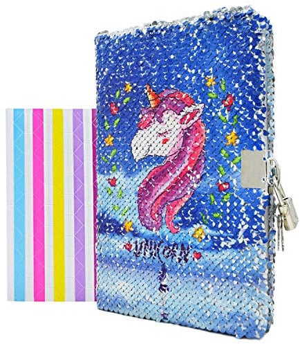 VIPbuy Tagebuch mit Schloss und Schlüssel Notizbuch für Mädchen Kinder Pailletten Wendbare Tagebücher Notizbücher A5 liniert mit 1 Blatt Fotoecken, 156 Seiten, 21,5 x 14 cm, blau