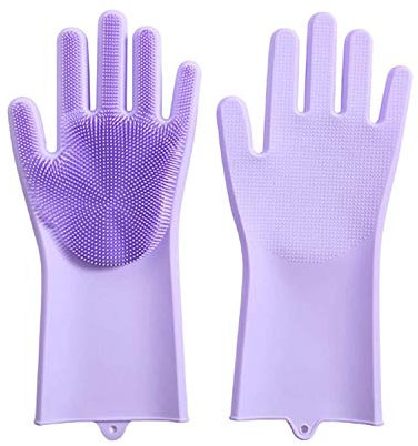 Jolly Gloves Magic Dishwashing Gloves with Scrubber, Silicone Cleaning Reusable Scrub Gloves for Wash Dish,Kitchen, Bathroom (Purple)