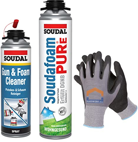 HAUSWERK.shop SOUDAL Soudafoam PURe / 12 x 500 ml + Pistolen- Schaumreiniger + Arbeitshandschuhe