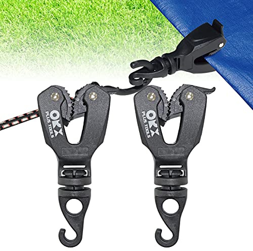 ORXPLUS TOOLS 2-Piece One-Handed Tarp Clips with Hook Tail | One-Handed Operation Mechanism Securely Clamps Camping Canopies, Awning Tents and Car Covers.