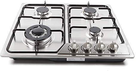 Fetcoi Einbauherd mit vier Brennern, Gas-Propan-Kochfeld, elektronische Zündung, Camping-Glas-Kochfeld, Grill aus Gusseisen, NG/LPG kompatibel
