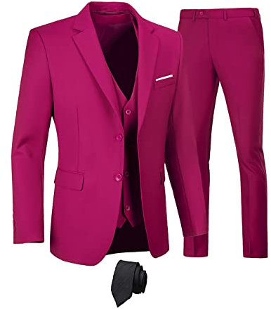 Furuyal Herrenanzüge, 3-teilig, schmale Passform, zwei Knöpfe, Hochzeit, Business, Smoking, einfarbig, Blazer, Jacke, Weste, Hose mit Krawatte, Fuchsia, XL
