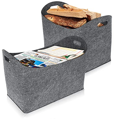 XMTECH 2 Stück Filztaschen Kaminholztasche Filz, Faltbar Kaminholzkorb Filztasche Shopper mit Verstärkten Griffen für Holz Zeitungen Kaminholz Filztasche - Hellgrau