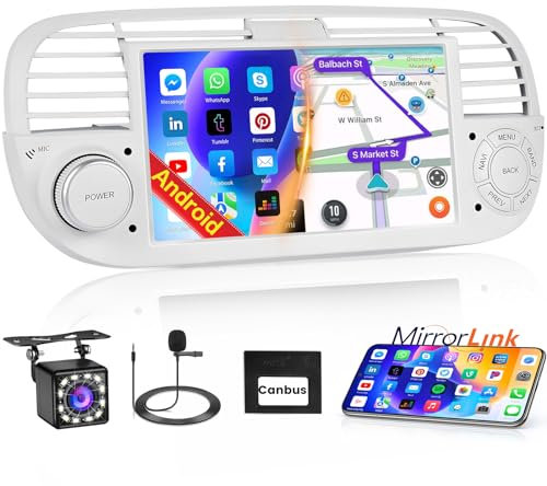 Hikity 7 IPS Touchscreen Autoradio Android per Fiat 500 2007 2008 2009 2010 2011 2012 2013 2014 2015 Stereo Auto Bluetooth con Navi WiFi BT USB SWC Mirror Link+Retrocamera+Canbus