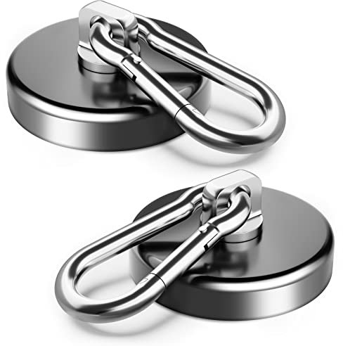 2 Pack Super Strong Magnetic Hooks, 63.5 KG(140 LBS) Pull Neodymium Magnets with Swivel Carabiner Snap Hooks, Strong Magnet Hooks Magnets with Hooks for Hanging Camping - 42mm Diameter