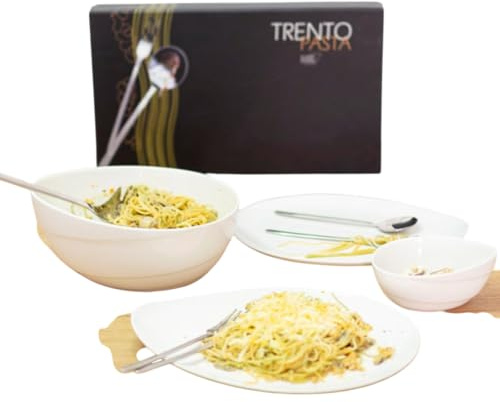 Set de Cubiertos para Pasta Trento (18 Piezas) Acero Inoxidable Pulido Espejo, 6 Tenedores, 6 Cucharas, 1 Cucharón, 2 Platos, 1 Ensaladera y 2 Boles