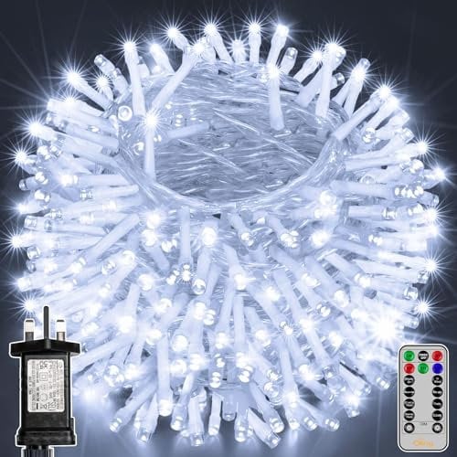 Ollny Fairy Lights Mains Powered, 60m 600 LED Outdoor String Lights, Cool White Waterproof Garden Light with Plug/Timer/8 Modes/Dimmable for Outside/Indoor/Window/Wedding Decorations