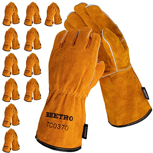 BEETRO Lot de 12 paires de gants de soudage en cuir de vache Forge/Mig/Stick/Tig Soudeur résistant à la chaleur/au feu, gants pour four/grill/cheminée/four/cuisinière/porte-poêle/poêle à bois/gants de