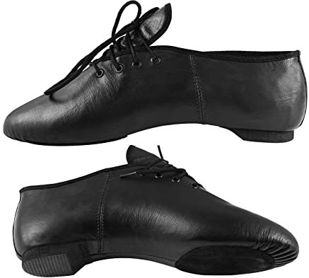 iKelpie Lace Jazz Shoes Black Leather Split Sole for Unisex Men, Women, Girls, Children & Toddlers - Modern Stage & Irish Pump Dance Shoes with Rubber Heel
