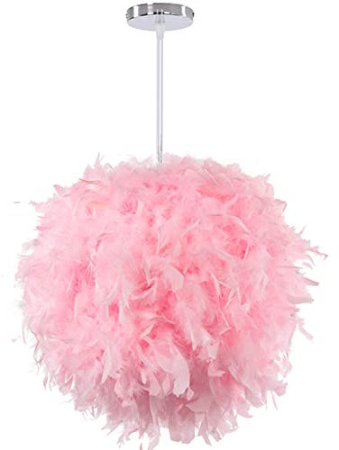 Lustre Suspension en Plume Rose, Moderne Lustre Forme Sphère 30CM, E27 Plafonnier Suspension Décoration, pour Salon Chambre à Coucher Chambre d’Enfants Filles (Rose)