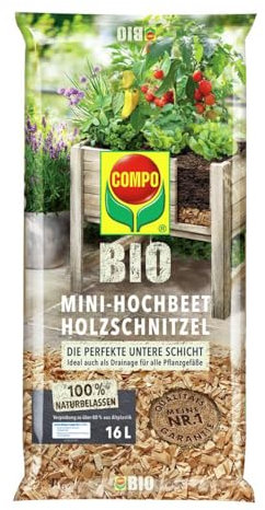 COMPO BIO Holzschnitzel zur Befüllung von Mini-Hochbeeten oder als Drainageschicht in Pflanzgefäßen, Entrindetes Nadelholz, 16 L, Hochbeetkonzept