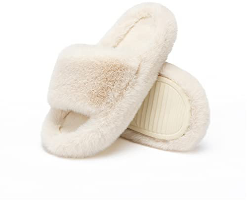 Chantomoo Damen-Hausschuhe Memory-Schaum Haus-und Schlafzimmer-Hausschuhe für Frauen flauschiger Plüsch bequem mit Kunstfell gefüttert Slide-Schuhe Geschenk,Beige,38/39 EU