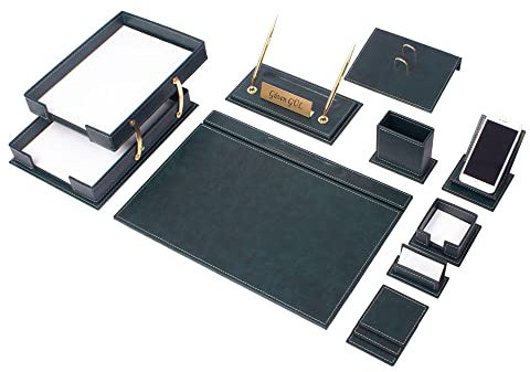 MOOG Schreibtisch-Set aus Leder, Schreibtisch-Zubehör, Büro-Organizer, Heimbüro-Zubehör, Schreibtischzubehör, Schreibtisch-Aufbewahrung, Schreibtischunterlage, 13-teilig, 13-teilig (grün)