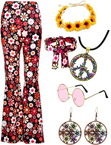 Costume hippie pour femme - Ensemble hippie - Pantalon évasé multicolore - Chaîne hippie - Lunettes - Bandeau - Années 60 - 70 - Mode - Fête Boho Hippie - Pantalon Flower Power des années 70