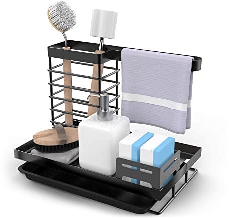 Yoassi Organizador de Fregadero Cocina Cesta de Fregadero con Toallero Organizador de Cocina de Acero Inoxidable con Bandeja de Goteo Soprte de Utensillos para Estropajo Esponja Lavavajillas,Negro