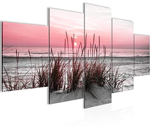 Runa Art - Tableau Plage Coucher de soleil 200 x 100 cm 5 Parties XXL Decoration Murale Dessin Gris Rose 043751b