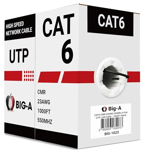 Big-A - Bulk Cat6 Ethernet Cable 1000ft 23AWG Solid 4 Pair, Cat 6 Cable Unshielded Twisted Pair (UTP) (CMR) 550MHz Internet Cable, Pull Box - Black