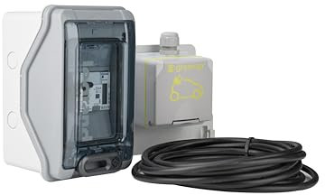 Prise française pour voitures électriques avec prise de charge IP54, petit répartiteur et interrupteur FI/LS 20 A pour voitures EV, kit complet avec câble de 5 m 3 x 2,5 mm (avec compteur numérique de