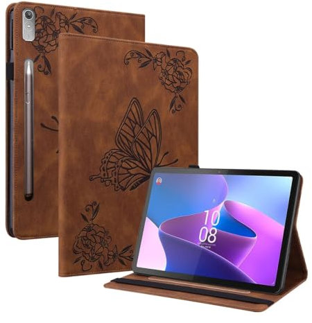 Wigento Für Lenovo Tab P12 12.7 Schmetterling Muster Kunstleder Hülle Cover Tasche Case Braun