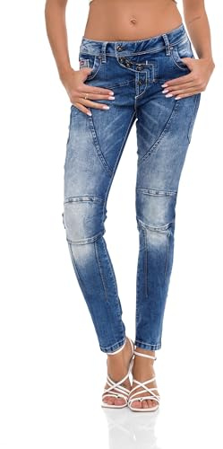 Cipo & Baxx Damen Jeanshose Slim Fit Ziernähte Denim Jeans Straight Hose Baumwolle WD502 Blau W31 L34