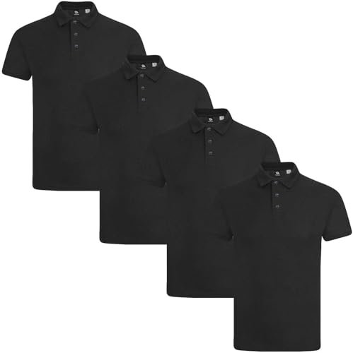 True Face Mens Polo Shirt Plain Tshirt Short Sleeve Summer Work Pique T Shirt Workwear Adult Tee Classic Casual Top Black Plain - 4 Pack XXL