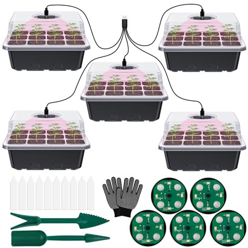 Wotplay Bandeja Semilleros con Tapa 5 Paquetes De Reproductores con Lámparas para Invernaderos Y Jardines, Invernadero Bandejas De Cultivo para Plantas En Crecimiento Semilleros De Germinacion