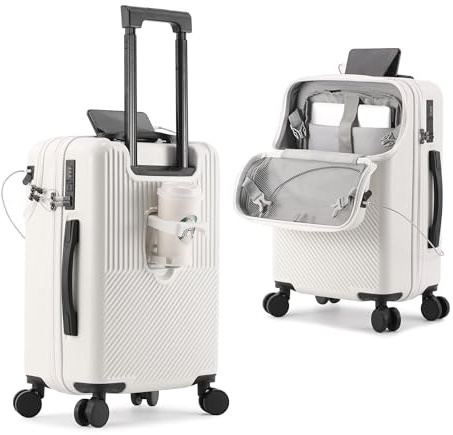 lesulety Hartschalenkoffer Mittelgroß Leicht Kleiner Reise Koffer Mit Rollen Von Vorne Zu Öffnender Koffer Handgepäck Mit Laptopfach Und Zahlenschloss,Weiß,20in